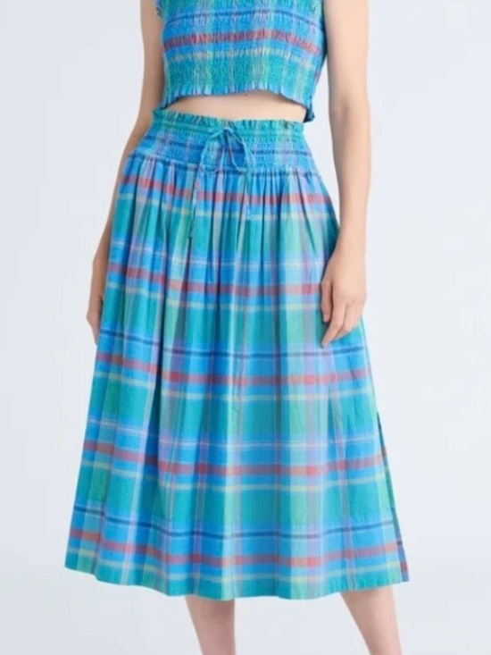 Free Assembly Dresses & Skirts - Plaid Midi Skirt in Blue and Teal with Drawstring Waist